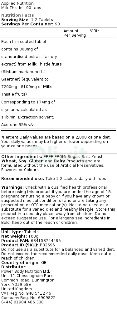 Applied Nutrition - Milk Thistle - 90 tablets (EAN 634158744495) - Image 2