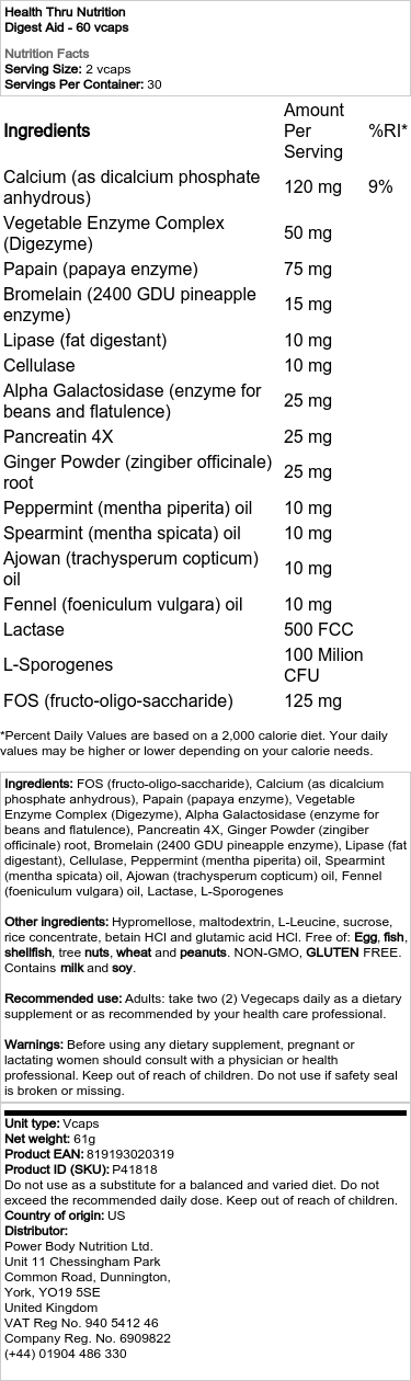 Health Through Nutrition - Digest Aid - 60 Vcaps – Bild 2