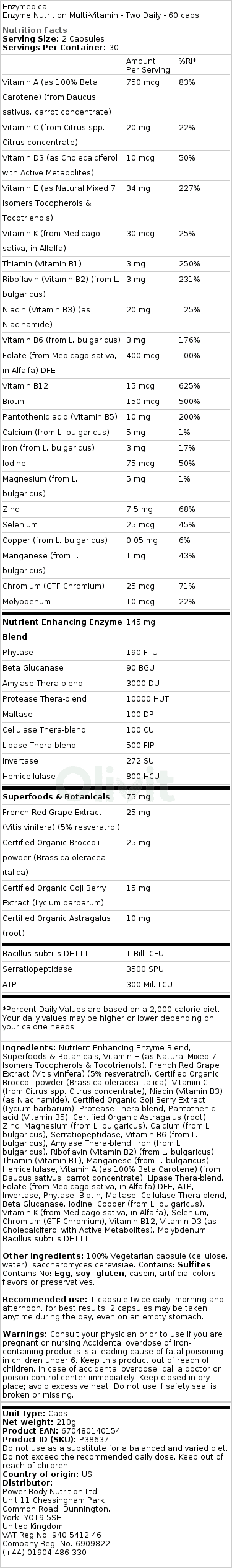 Enzymedica - Enzym Nutrition Multivitamin - 60 Capsules - Two Daily - Image 2