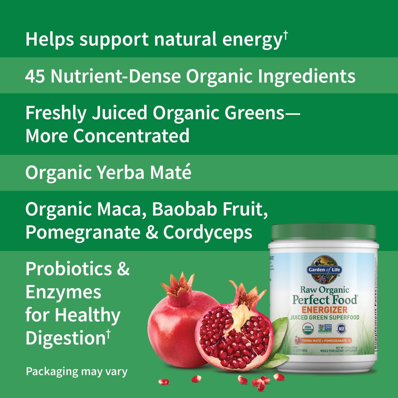 Garden of Life - Raw Organic Perfect Food Energizer, Yerba Mate & Pomegranate - 276g – Kuva 4