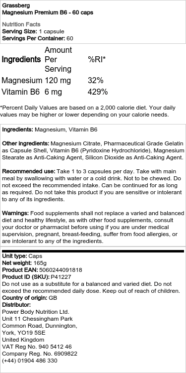 Grassberg - Magnesium Premium B6 - 60 Capsules - Image 2