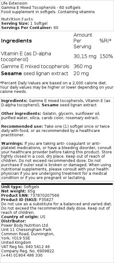 Life Extension - Gamma E Mixed Tocopherols - 60 Softgels - Image 2