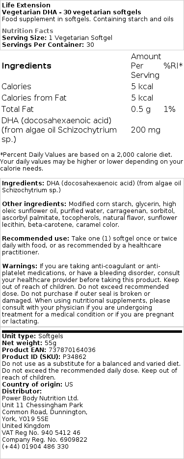 Life Extension - Vegetarian DHA - 30 Vegetarian Softgels - Image 2