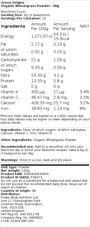 Green Origins - Organic Wheatgrass Powder - 90g - Eco Supplements Wholesale