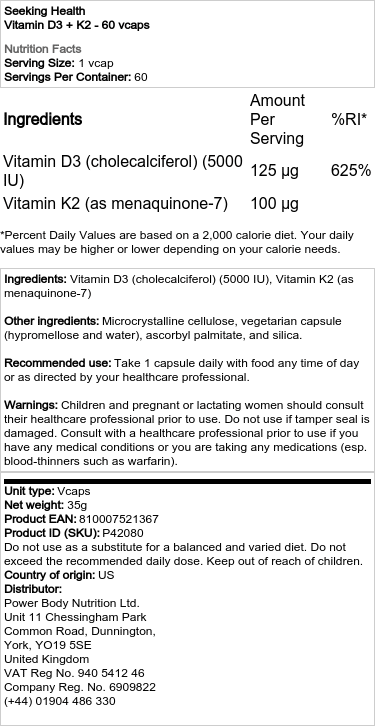 Seeking Health - Vitamin D3 + K2 - 60 Capsules - Image 2