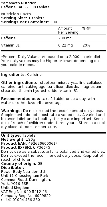 Yamamoto Nutrition - Caffeine Tablets - 100 Count - Imagen 3