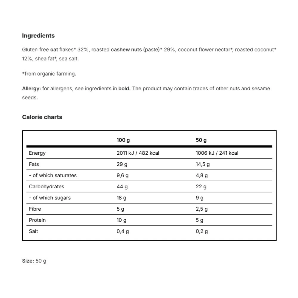 Vilgain - Organic Coconut Cashew Oat Bar (50g) - Image 2