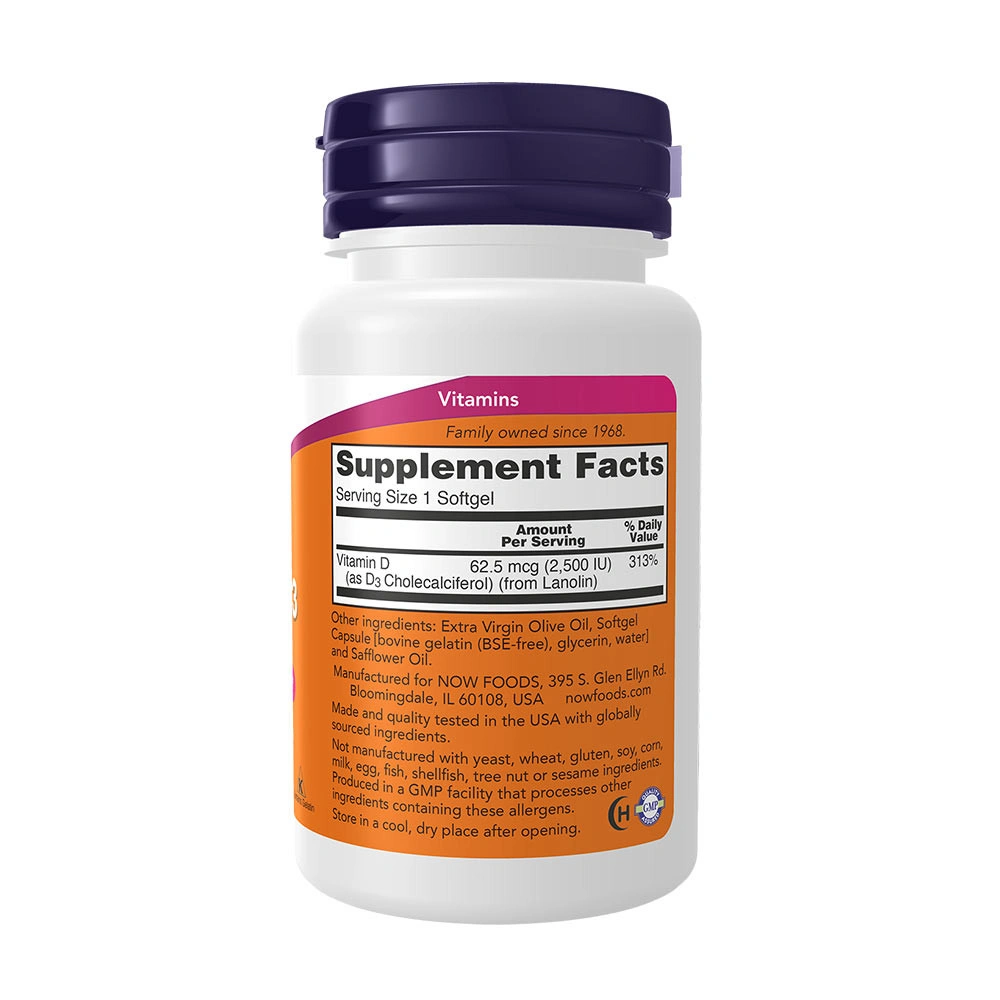 NOW - Vitamin D3 2500 IU, 180 Softgels - Image 2